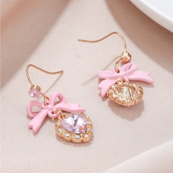 Pink Bow Rhinestone Dangle Earrings - Picture 3 of 4